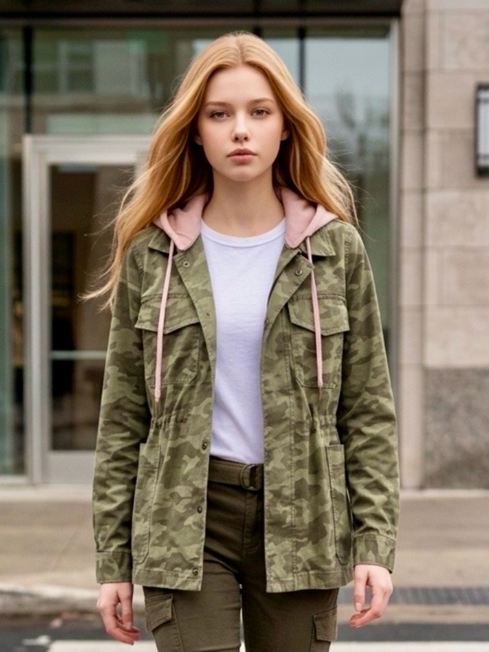 Caslon Women’s Green Camouflage Jacket with Pink Hood & Drawstring closure